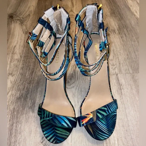 Express Cabana Stiletto High Heels Strappy Blue Green Floral Beach Summer sz 8 - Picture 3 of 11